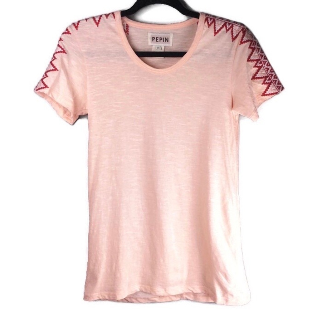 Pepin Tribal Embroidered Crewneck Short Sleeve Peach Burnout Tee Size XS